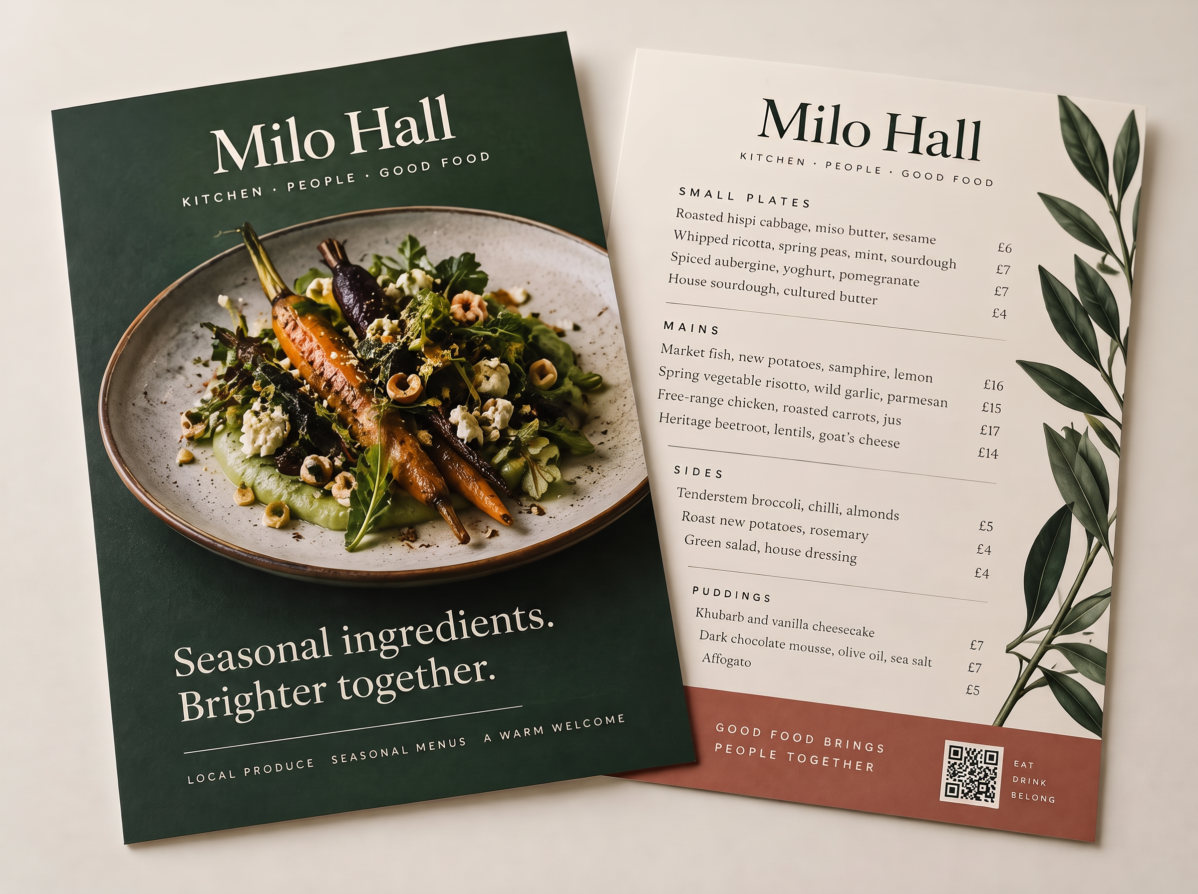 Front and back concept leaflet for the fictional Milo Hall example